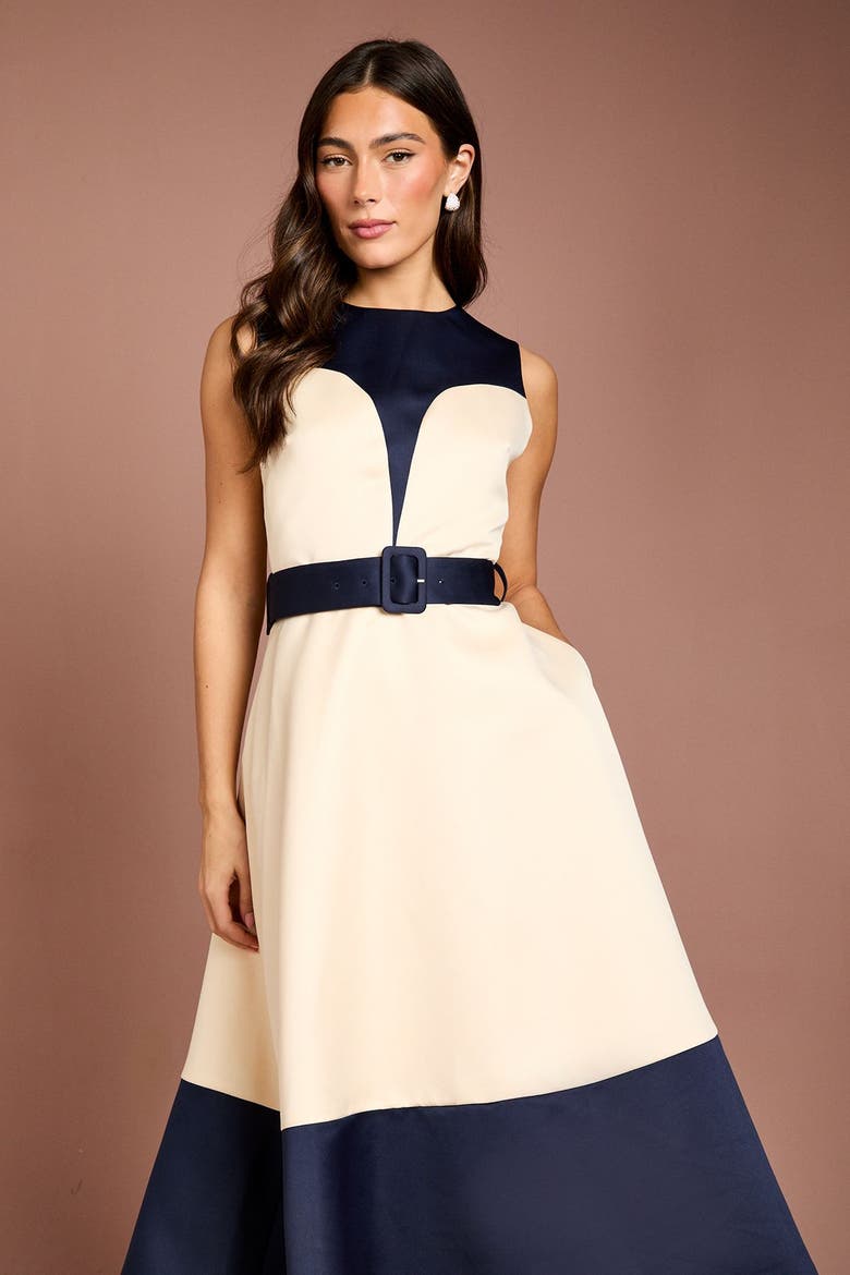 Colour Block Crepe Belted Midi Dress, Alternate, color, Mono