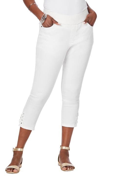 Jessica London Comfort Waist Stretch Denim Lace-up Capri In White