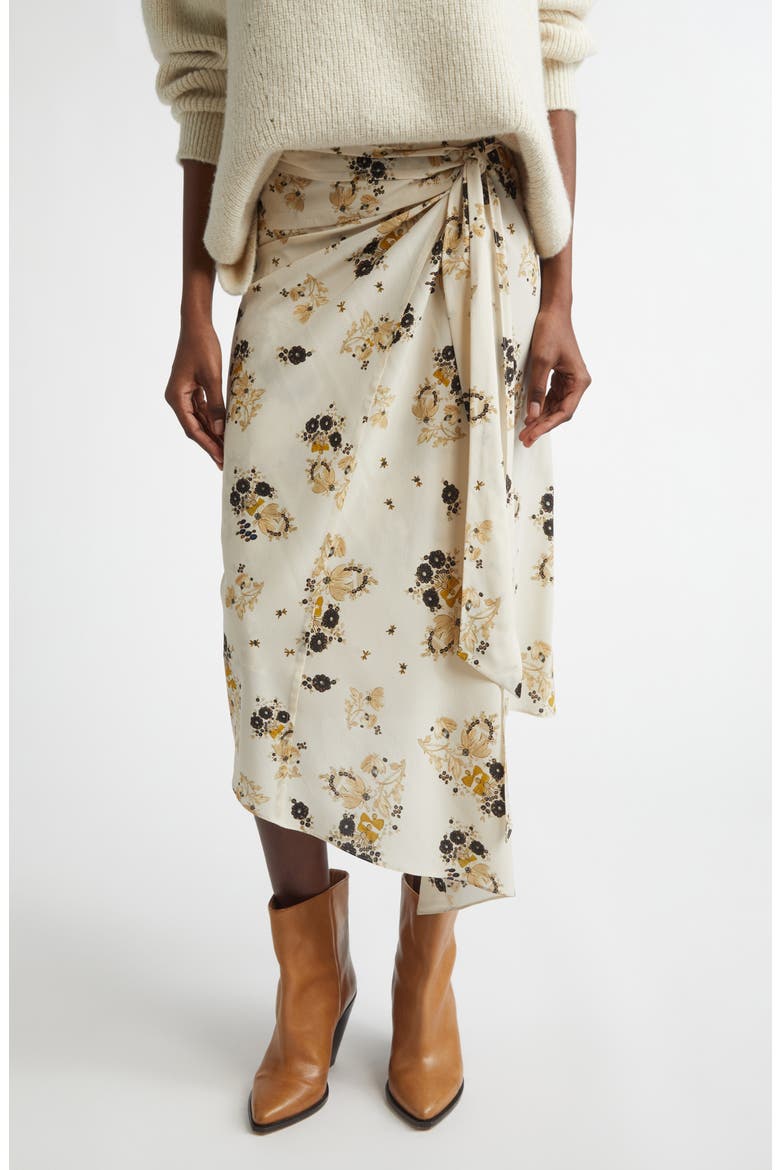 Faniry Floral Asymmetrical Stretch Silk Midi Skirt, Main, color, ECRU