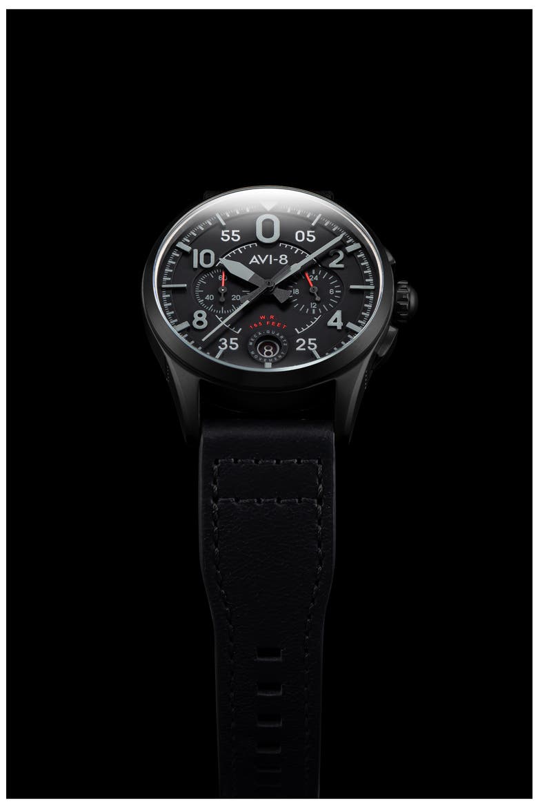 Spitfire Lock Slate Dial Chronograph Leather Strap Watch, 42mm, Alternate, color, BLACK