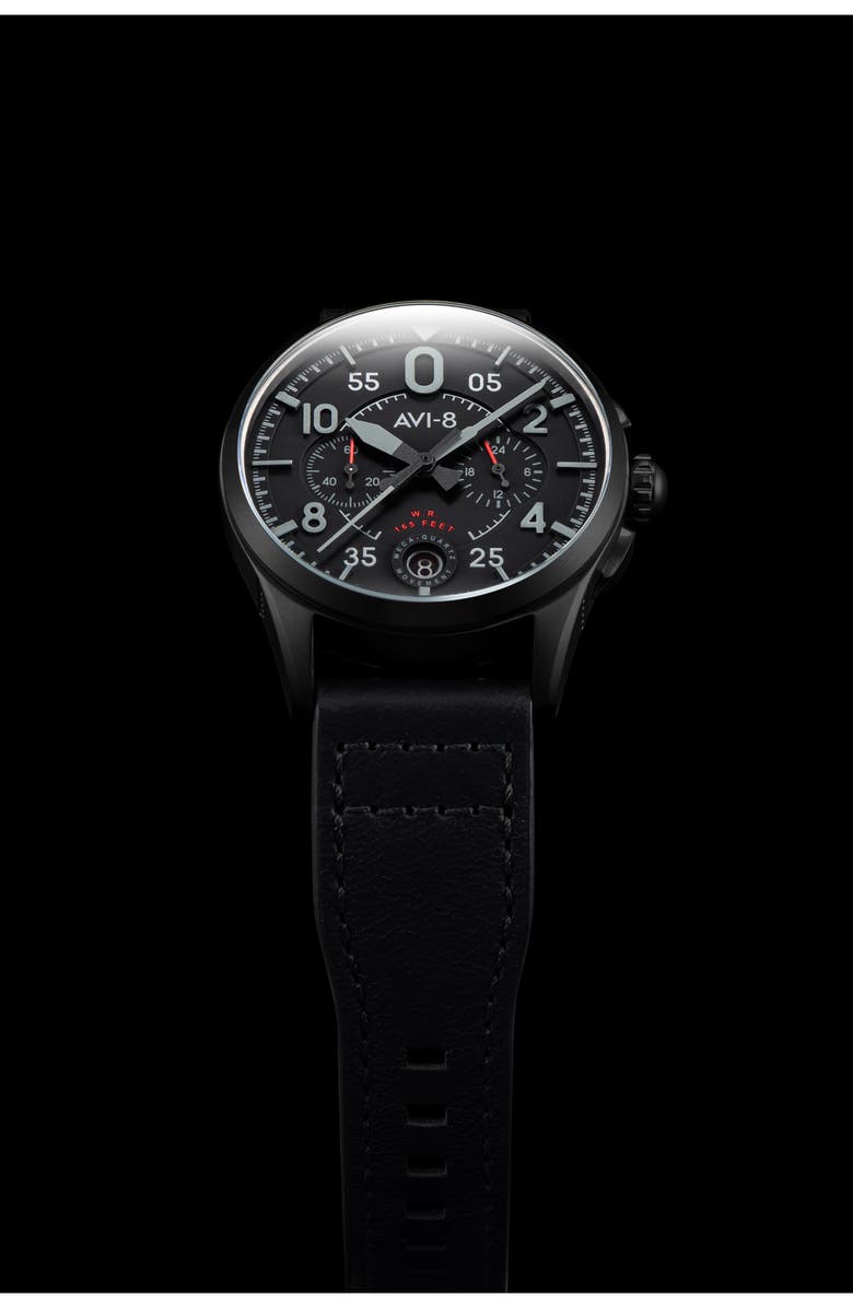 AVI-8 Spitfire Lock Slate Dial Chronograph Leather Strap Watch, 42mm, Alternate, color, Black