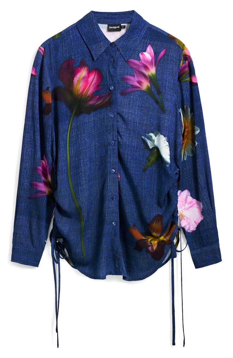 Desigual Floral Ruched Side Denim Button-Up Shirt, Alternate, color, Bright Blue