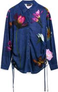 Desigual Floral Ruched Side Denim Button-Up Shirt