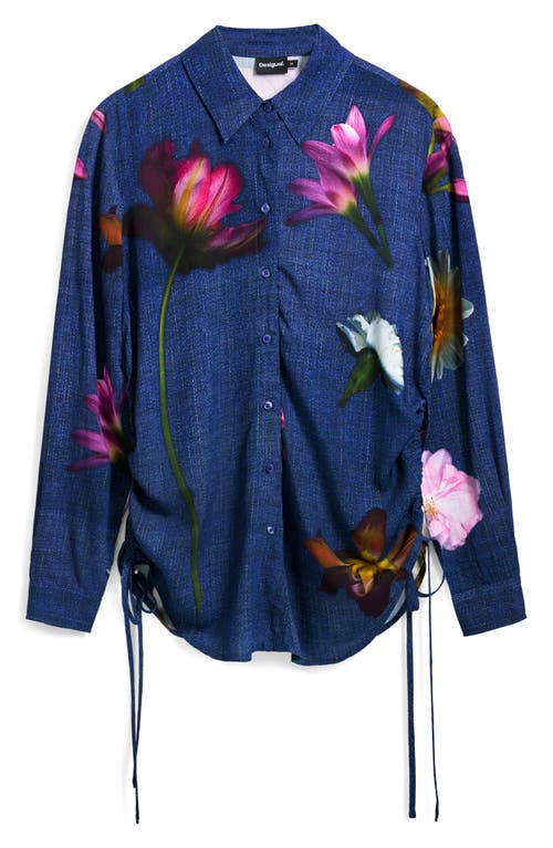 Desigual Floral Ruched Side Denim Button-up Shirt In Blue
