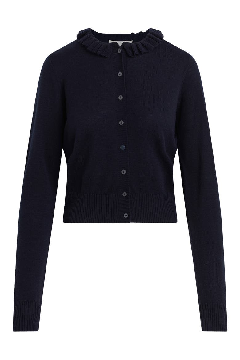 The Meet the Parents Ruffle Neck Wool Cardigan, Alternate, color, NAVY