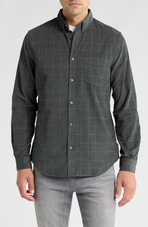 Windowpane Long Sleeve Cotton Corduroy Button-Up Shirt