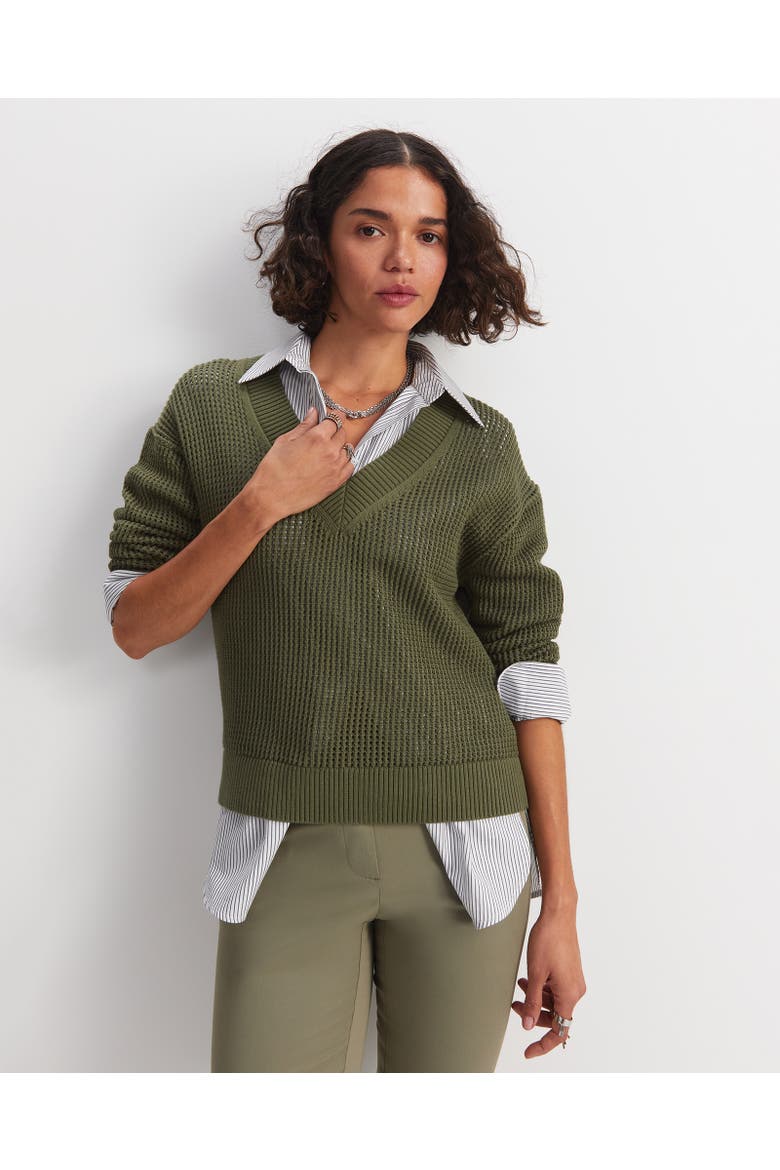 Cotton Crochet V-Neck Knitted Jumper, Alternate, color, Khaki