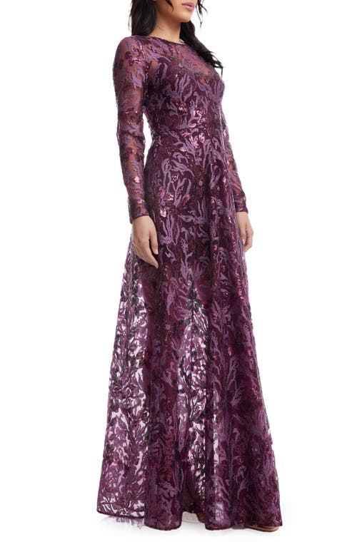 DRESS THE POPULATION DRESS THE POPULATION AVA SEQUIN FLORAL LONG SLEEVE A-LINE GOWN