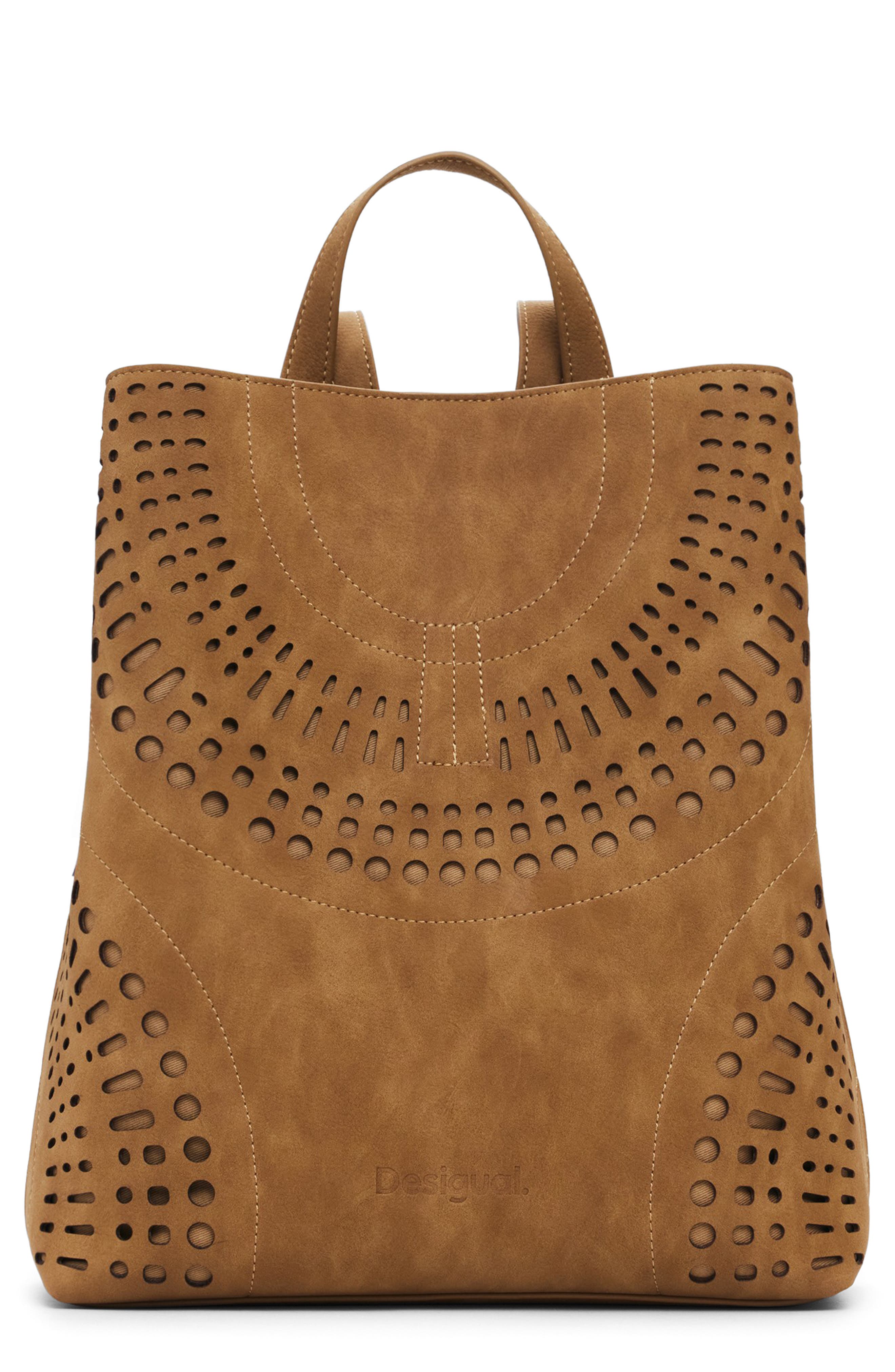 Medium Faux Leather Backpack, Main, color, CAMEL