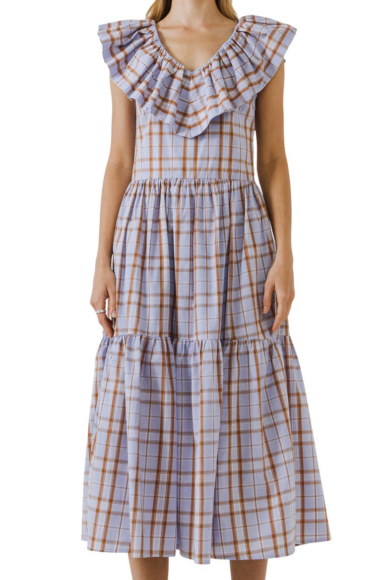 Plaid Ruffle Cotton Dress, Alternate, color, PURPLE