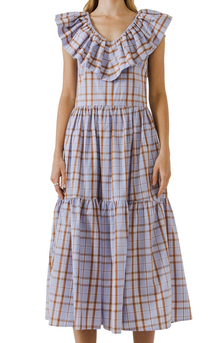 English Factory Plaid Ruffle Cotton Dress, Alternate, color, Purple