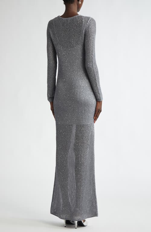 St John Sequin Mesh Knit Long-sleeve Gown With Slip In Silver