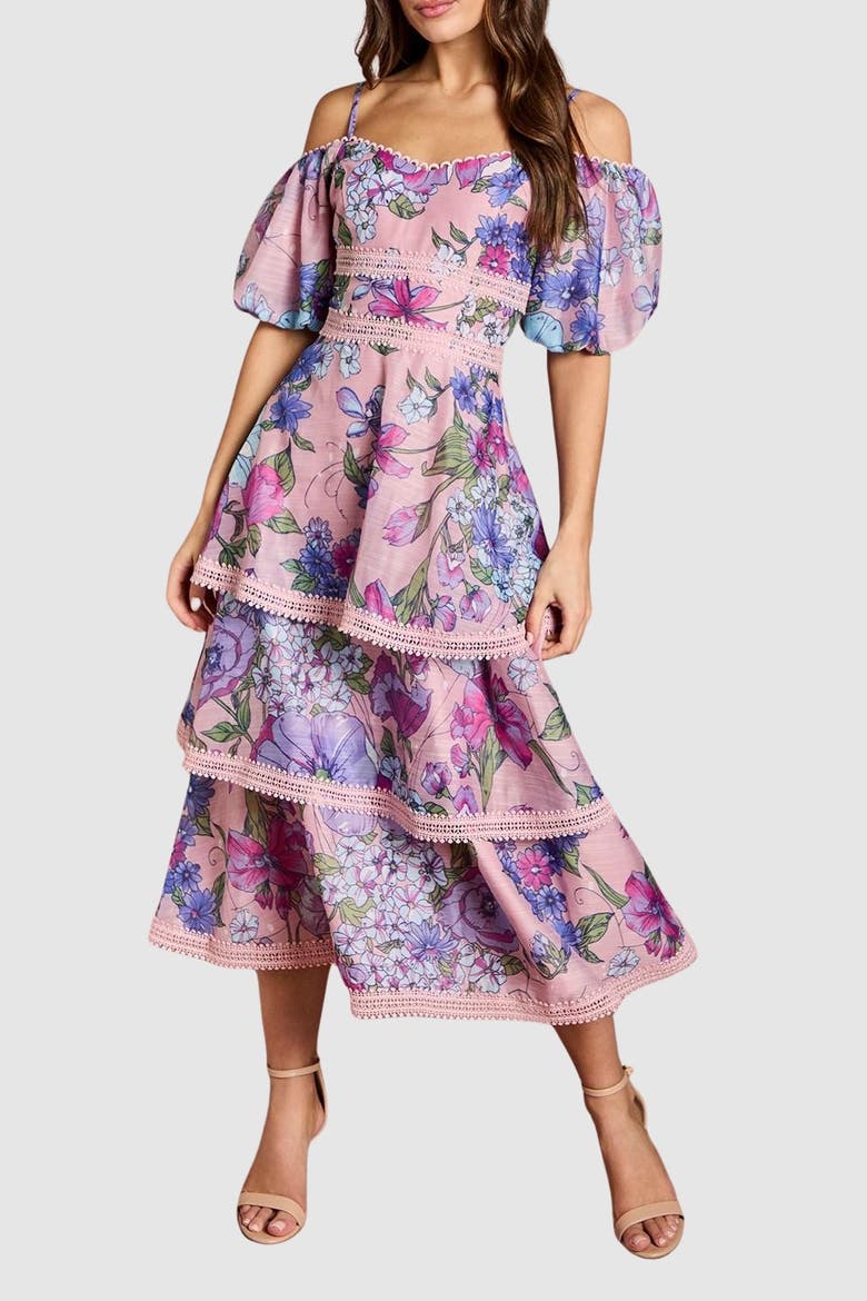 Printed Organza Lace Midi Dress, Alternate, color, Pink