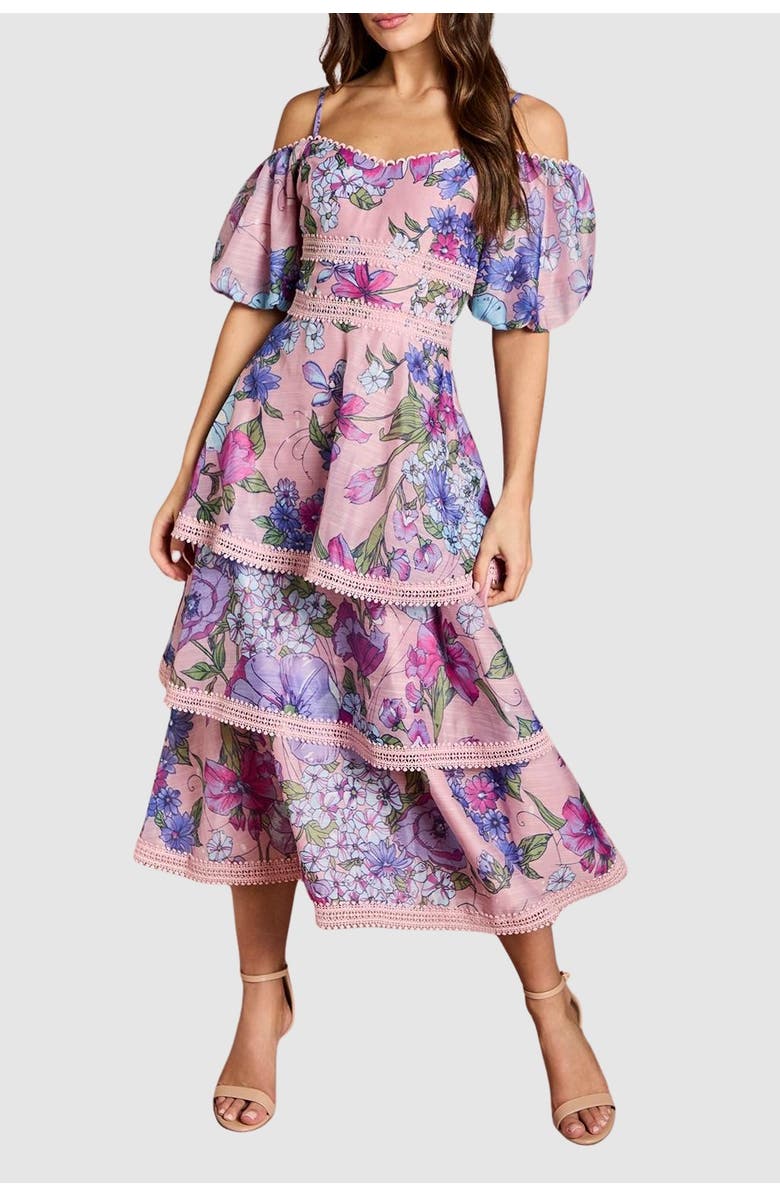 Coast Printed Organza Lace Midi Dress, Alternate, color, Pink