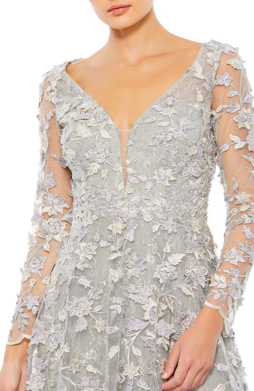 Mac Duggal Floral Applique Long Sleeve Illusion Gown In Platinum
