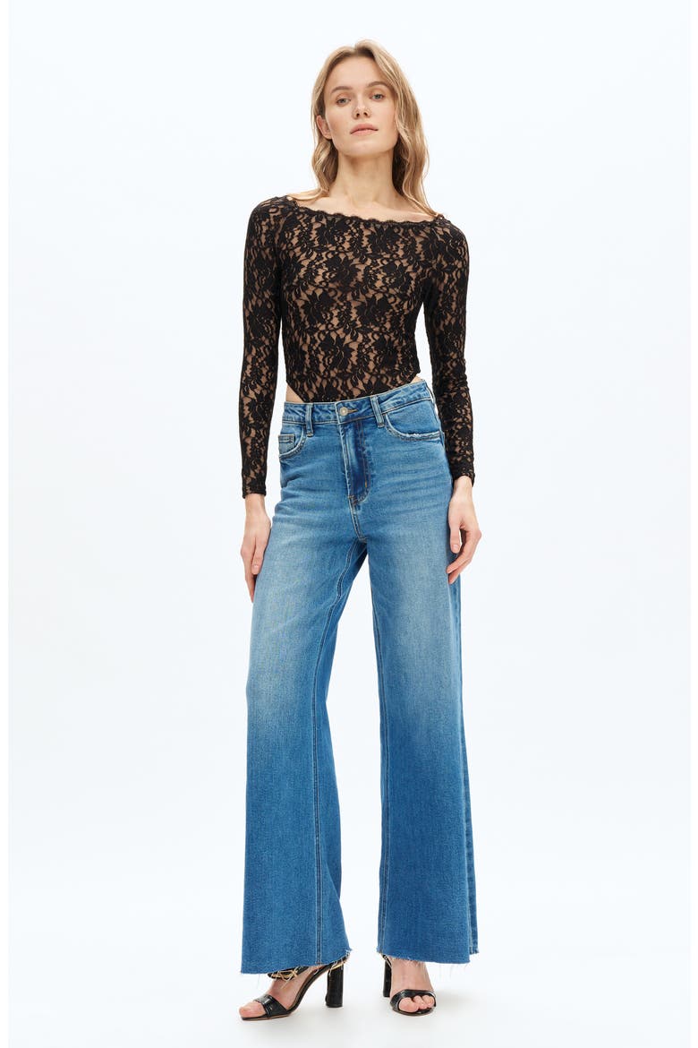 Bella Raw Hem High Waist Wide Flare Jeans, Alternate, color, MEDIUM BLUE