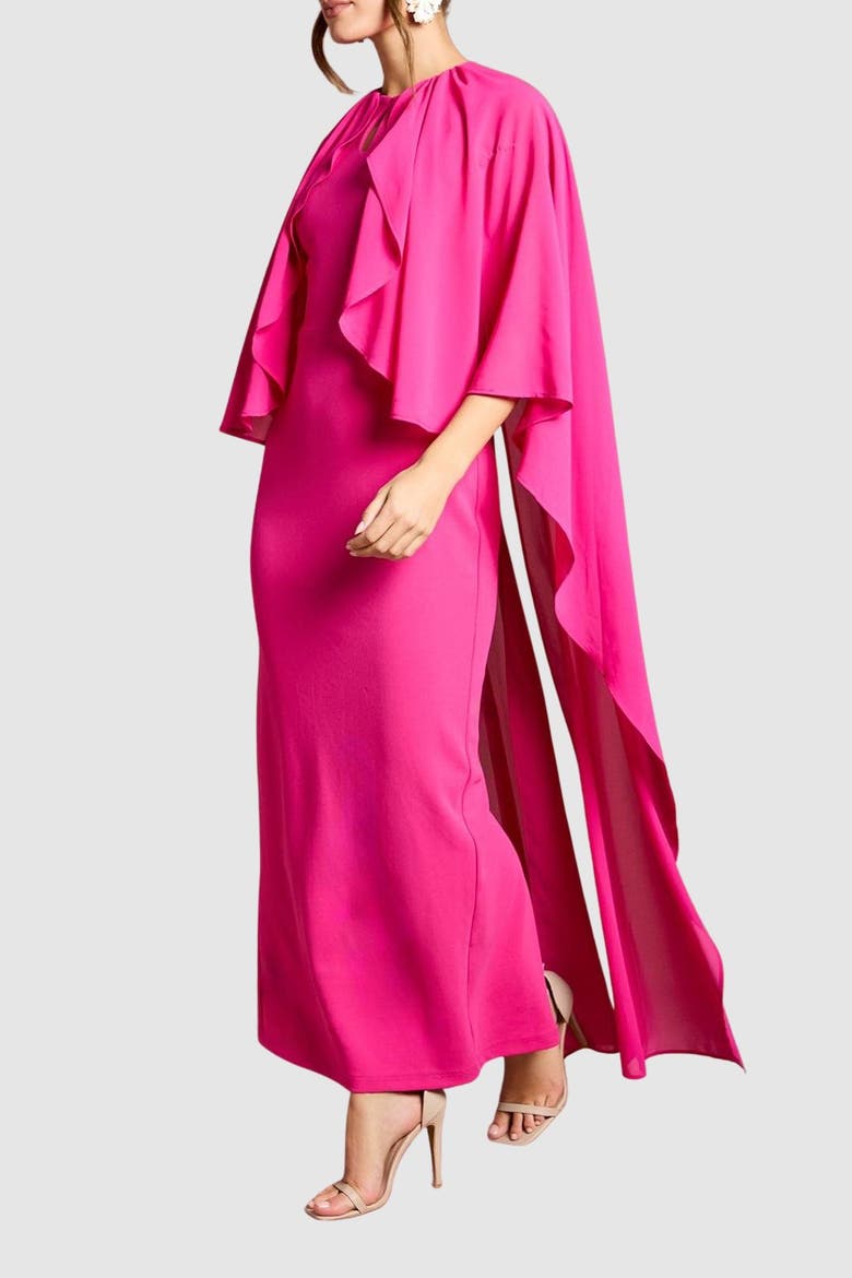 Ruffle Chiffon Cape Crepe Maxi Dress, Alternate, color, Fuchsia