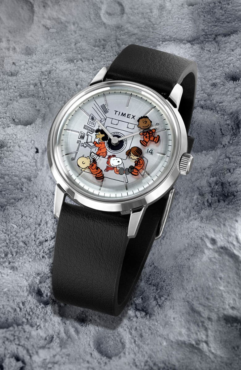 Timex<sup>®</sup> x Peanuts Marlin<sup>®</sup> Space Automatic Leather Strap Watch, 40mm, Alternate, color, Silver-Tone