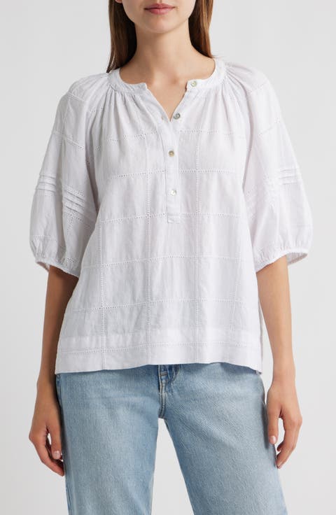 Shoshanna Puff Sleeve Linen Blend Top