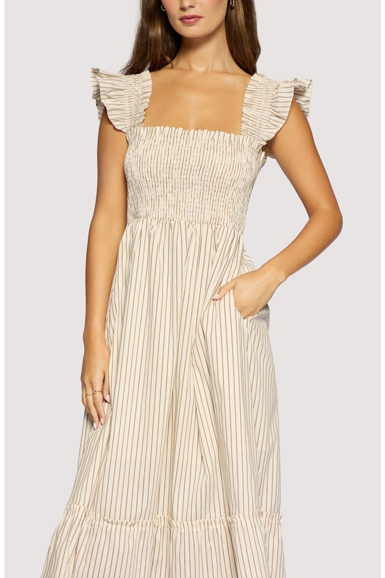 Lido Affair Stripe Smocked Tiered Midi Dress, Alternate, color, CREAM BROWN