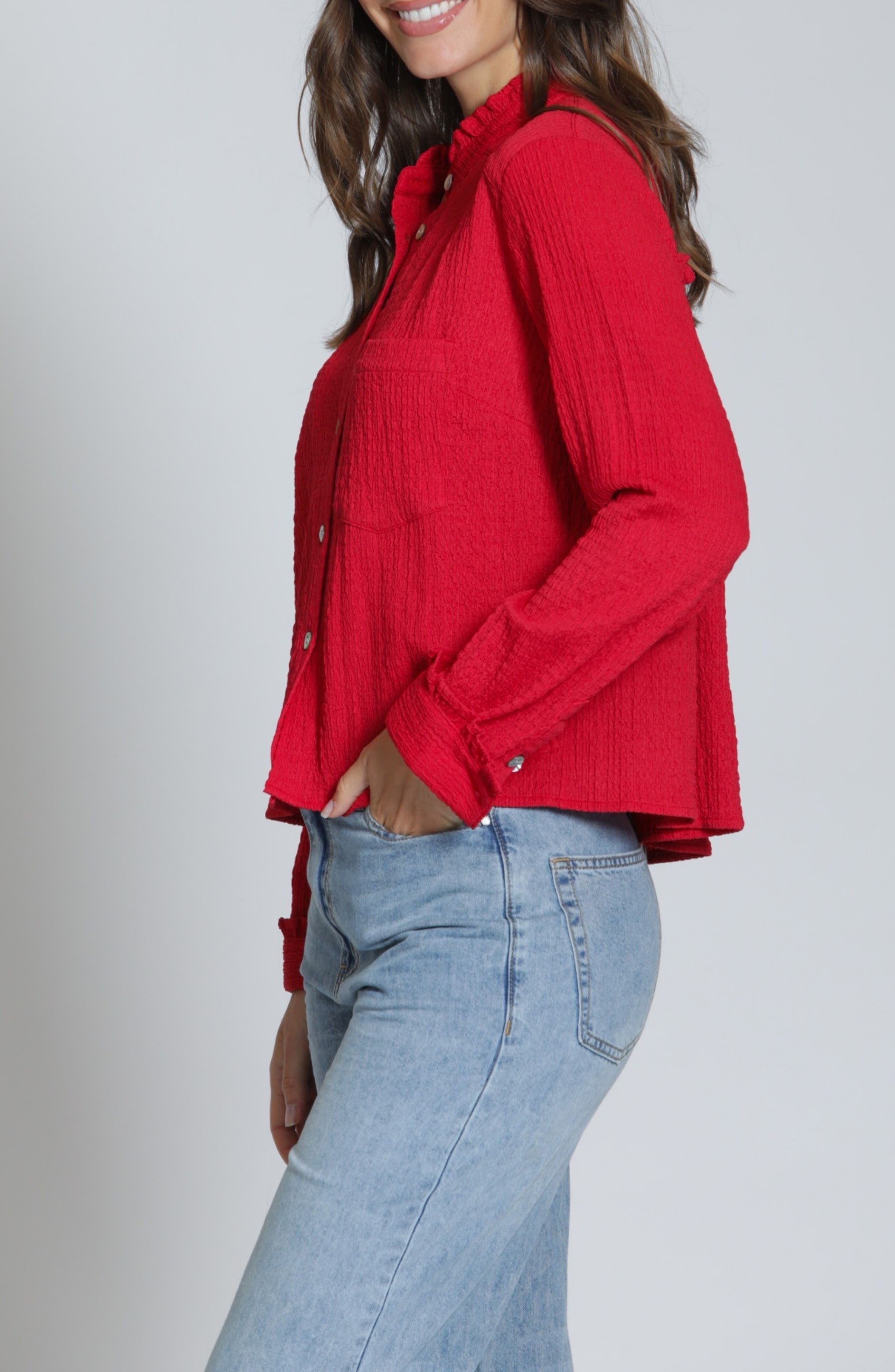 APNY Ruffle Long Sleeve Crop Button-Up Shirt (Women) | Nordstrom