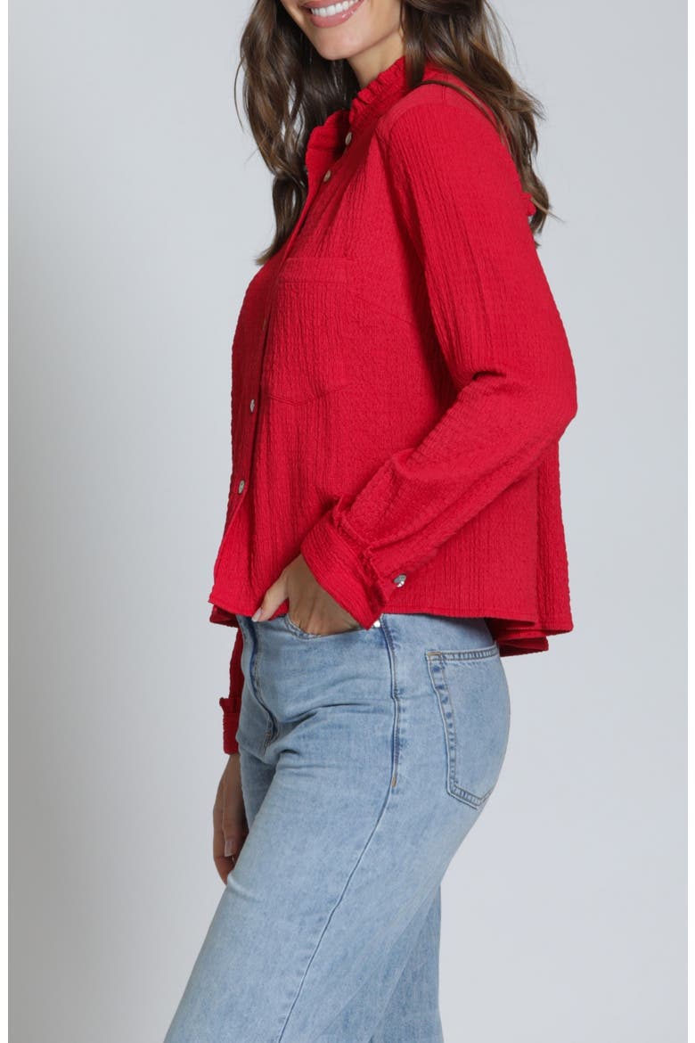 Ruffle Long Sleeve Crop Button-Up Shirt, Alternate, color, RED
