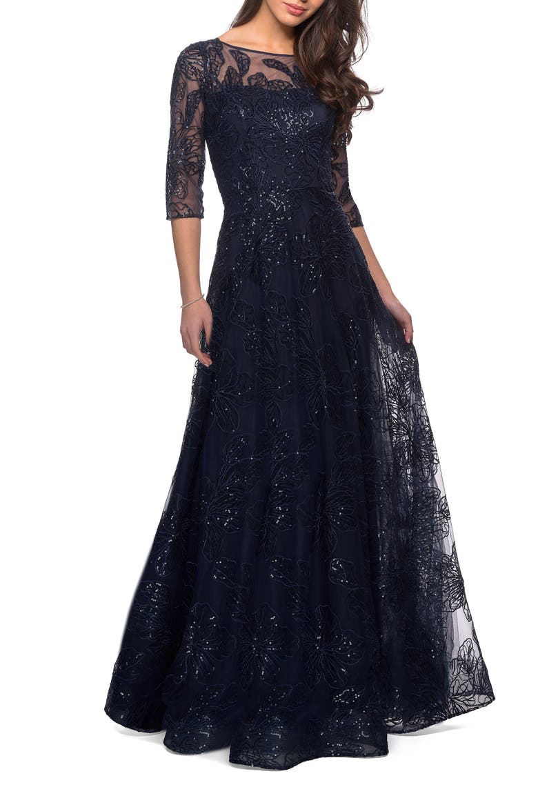A-line Lace Sequin Gown with Sheer Scoop Neckline, Main, color, Navy