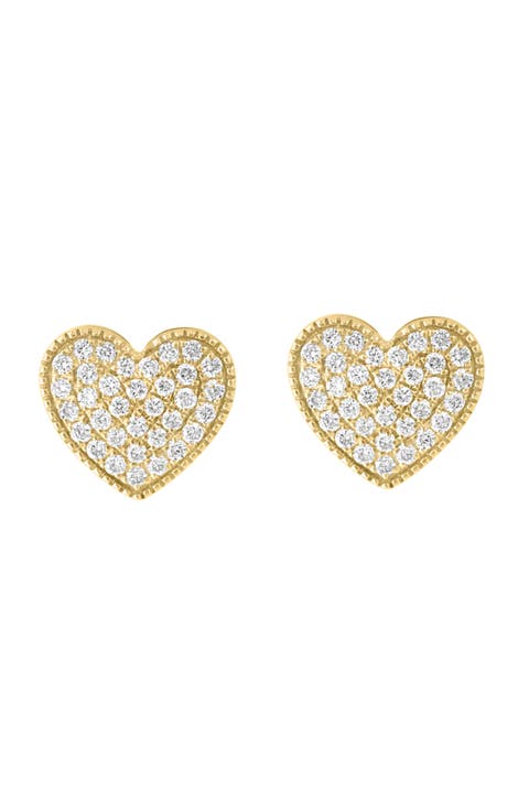14K Gold Plated Sterling Silver Pavé Diamond Heart Stud Earrings
