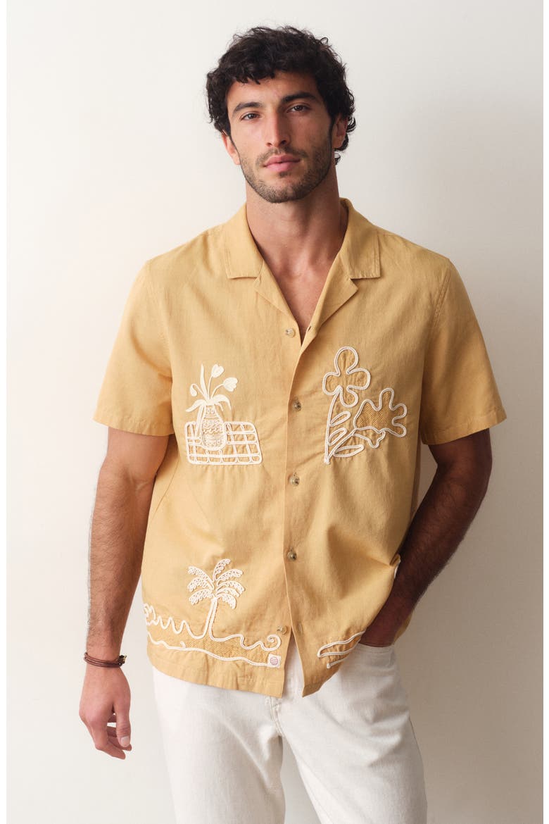 Embroidered Cotton & Linen Resort Shirt, Alternate, color, MUSTARD