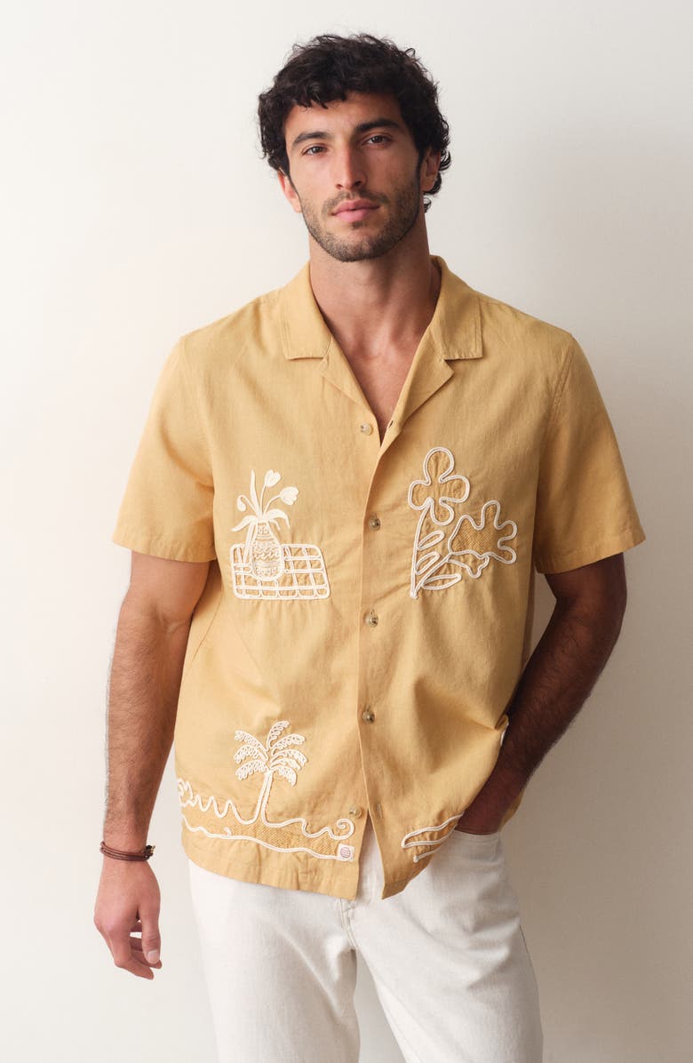 Marine Layer Embroidered Cotton & Linen Resort Shirt, Alternate, color, Mustard