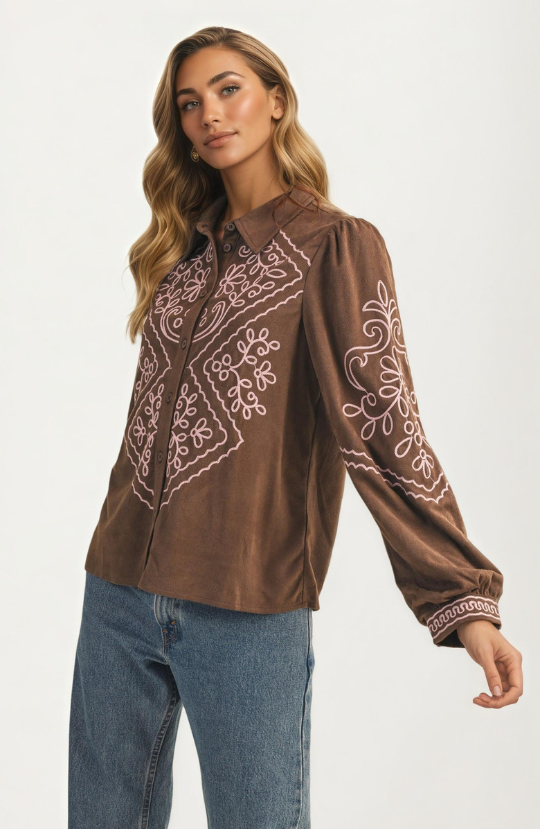 Knit and Lounge Button Up Blouse with Embroidery Details, Alternate, color, 