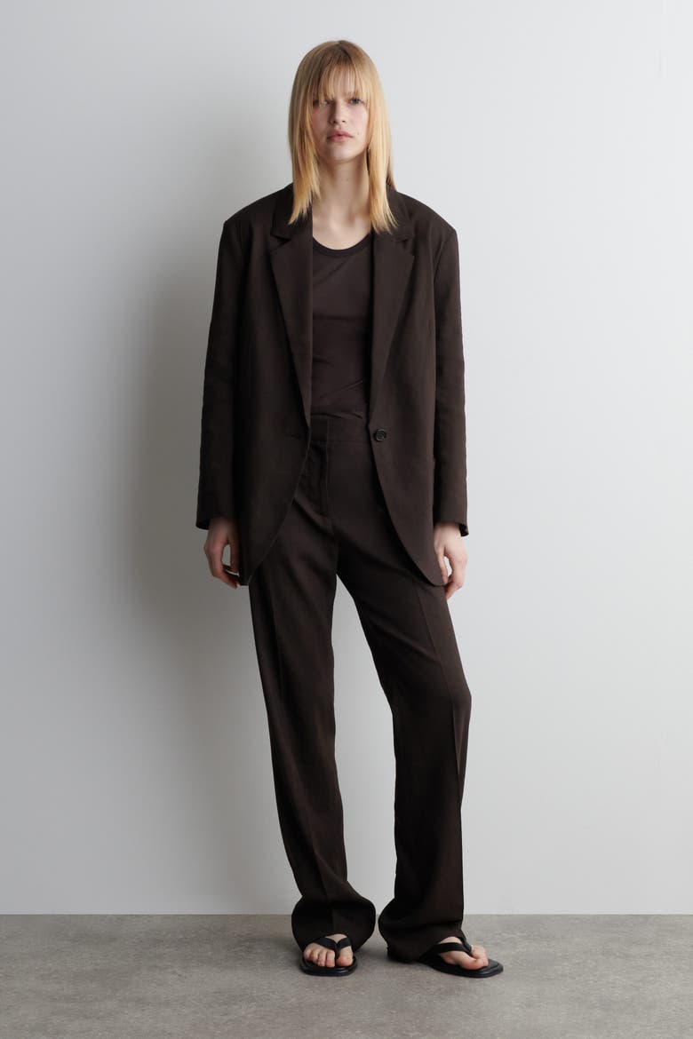 Tailored Linen Straight-Leg Pants, Main, color, DARK BROWN