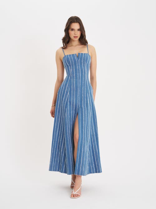 Miss Circle Abygail Stripe Cotton Denim Maxi Dress In Blue