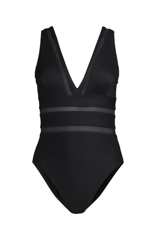 Lands' End Mesh Plunge High Leg One Piece Swimsuit In Black Ottoman