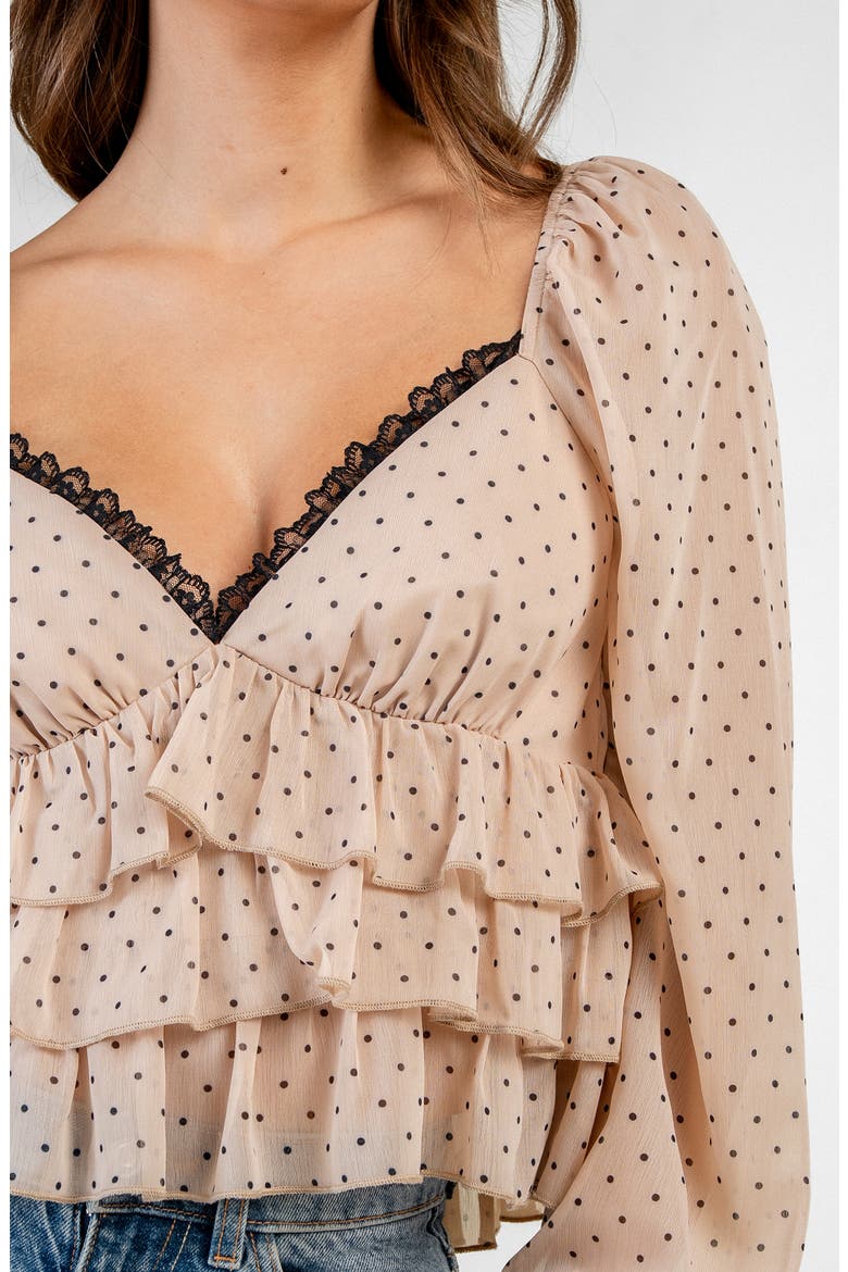 Polka Dot Ruffle Chiffon Long Sleeve Top, Alternate, color, TAUPE
