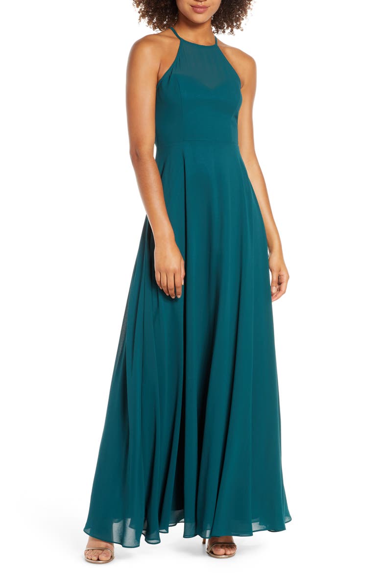 Night of Romance Halter Neck Chiffon Gown, Main, color, EMERALD