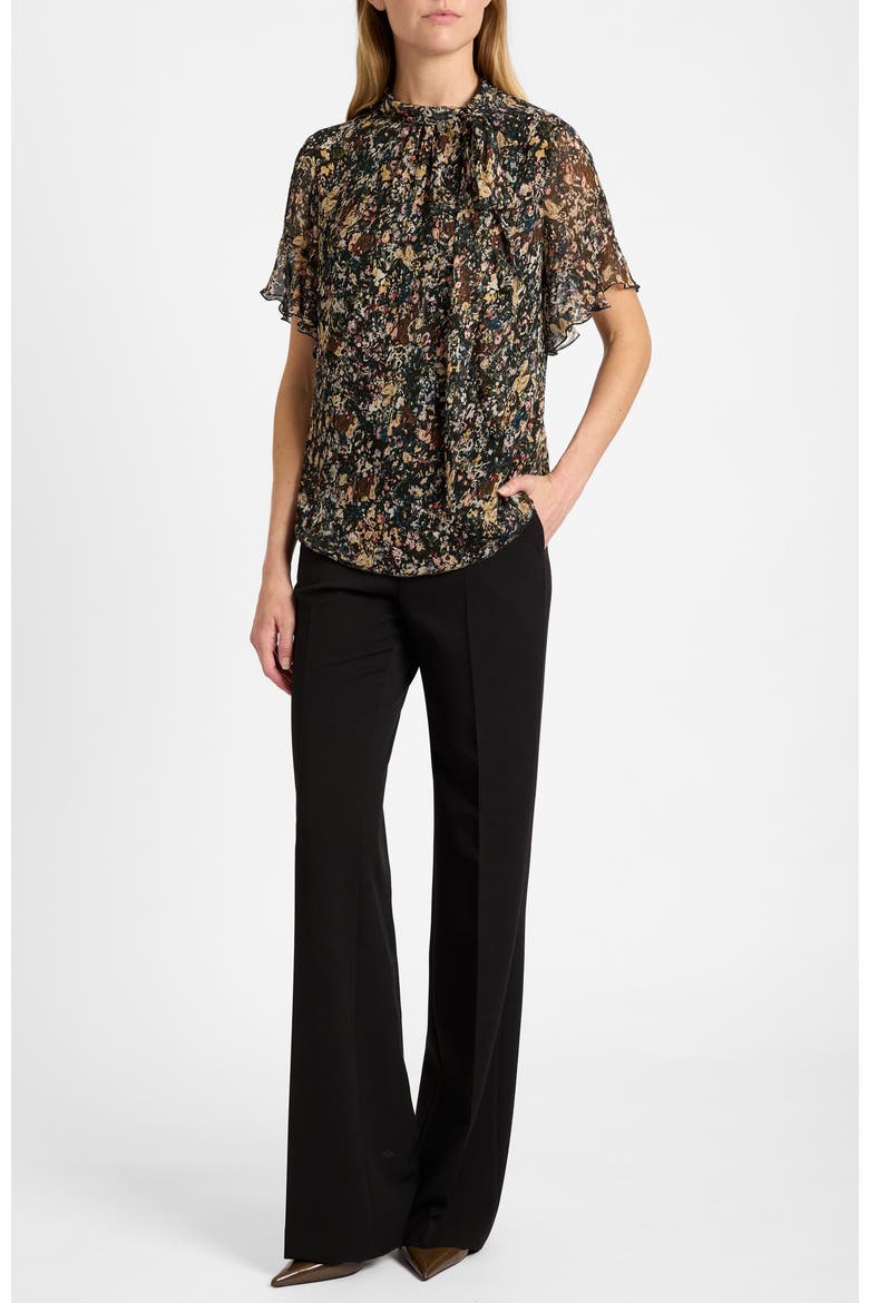 Athena Blouse with Short Flutter-Sleeves in Abstract Floral Print, Alternate, color, Evergreen Multi