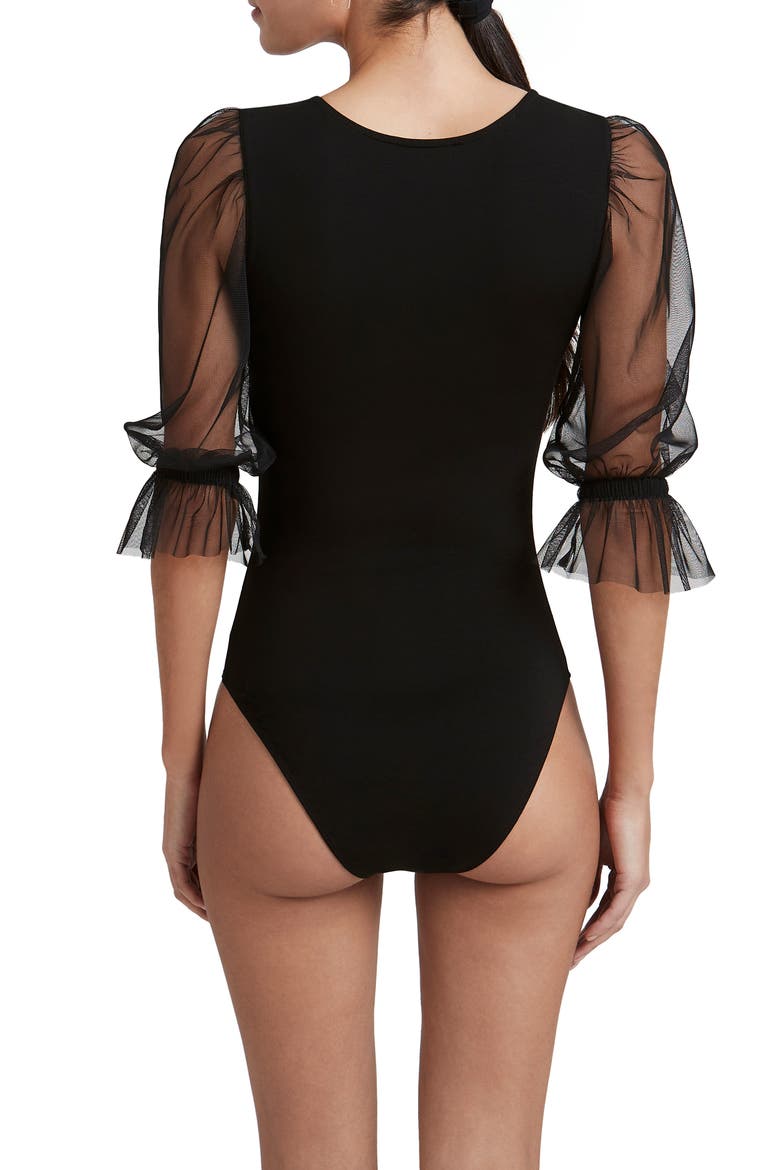 Bellerose Mixed Media Mesh Sleeve Bodysuit, Alternate, color, BLACK
