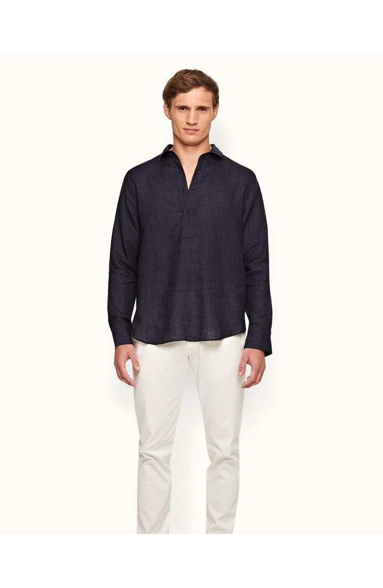 Orlebar Brown Percy Linen Classic Collar Overhead Linen Shirt, Main, color, Dark Navy