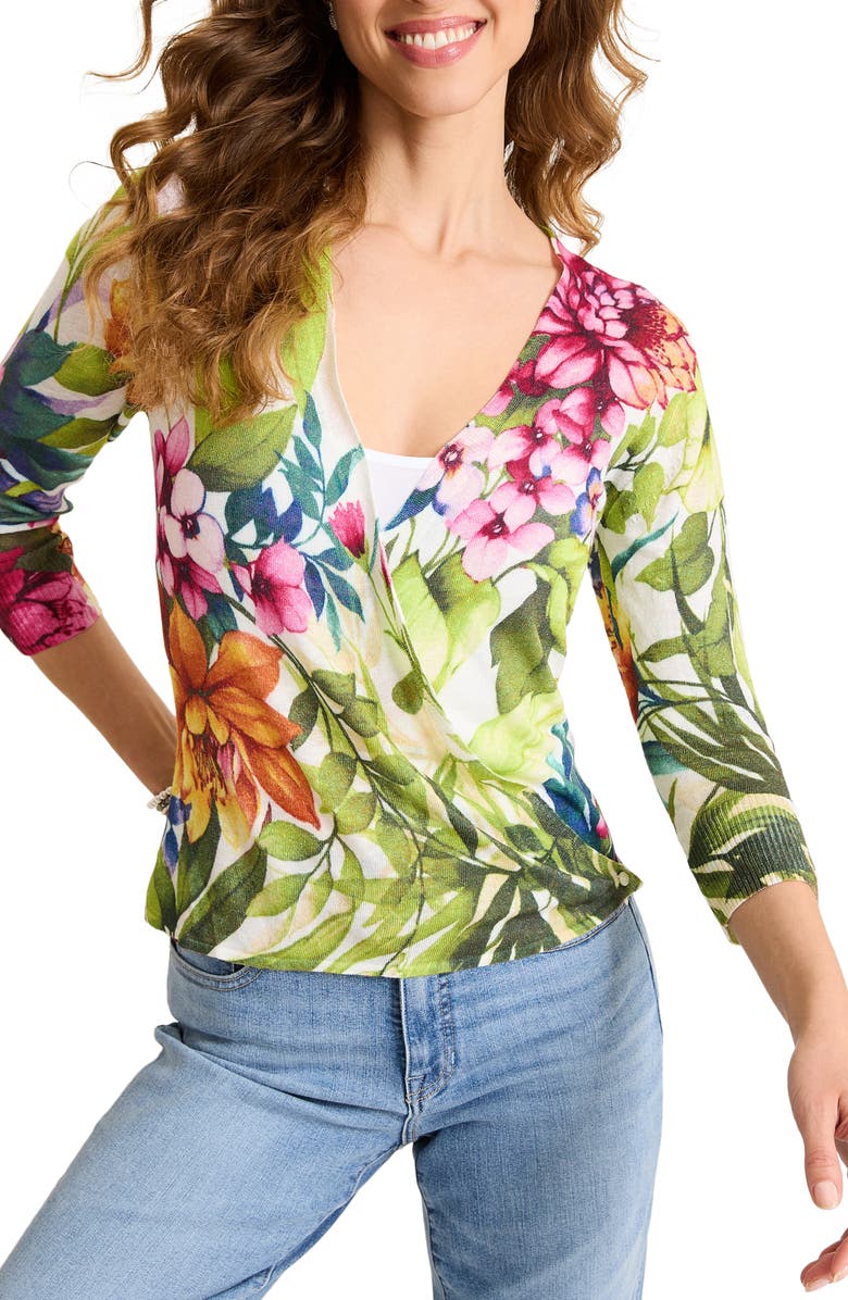 Tommy Bahama Verde Blooms Addison Linen Blend Convertible Wrap Cardigan, Main, color,