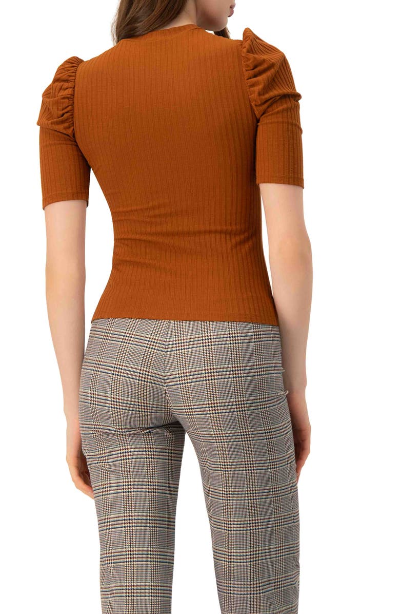 IVONNE Puff Shoulder Ribbed-Knit T-shirt, Alternate, color, Brown