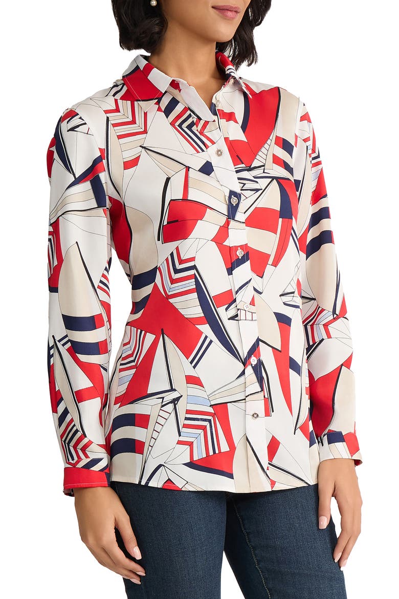 Geo Print Button-Up Shirt, Alternate, color, ROUGE MULTI