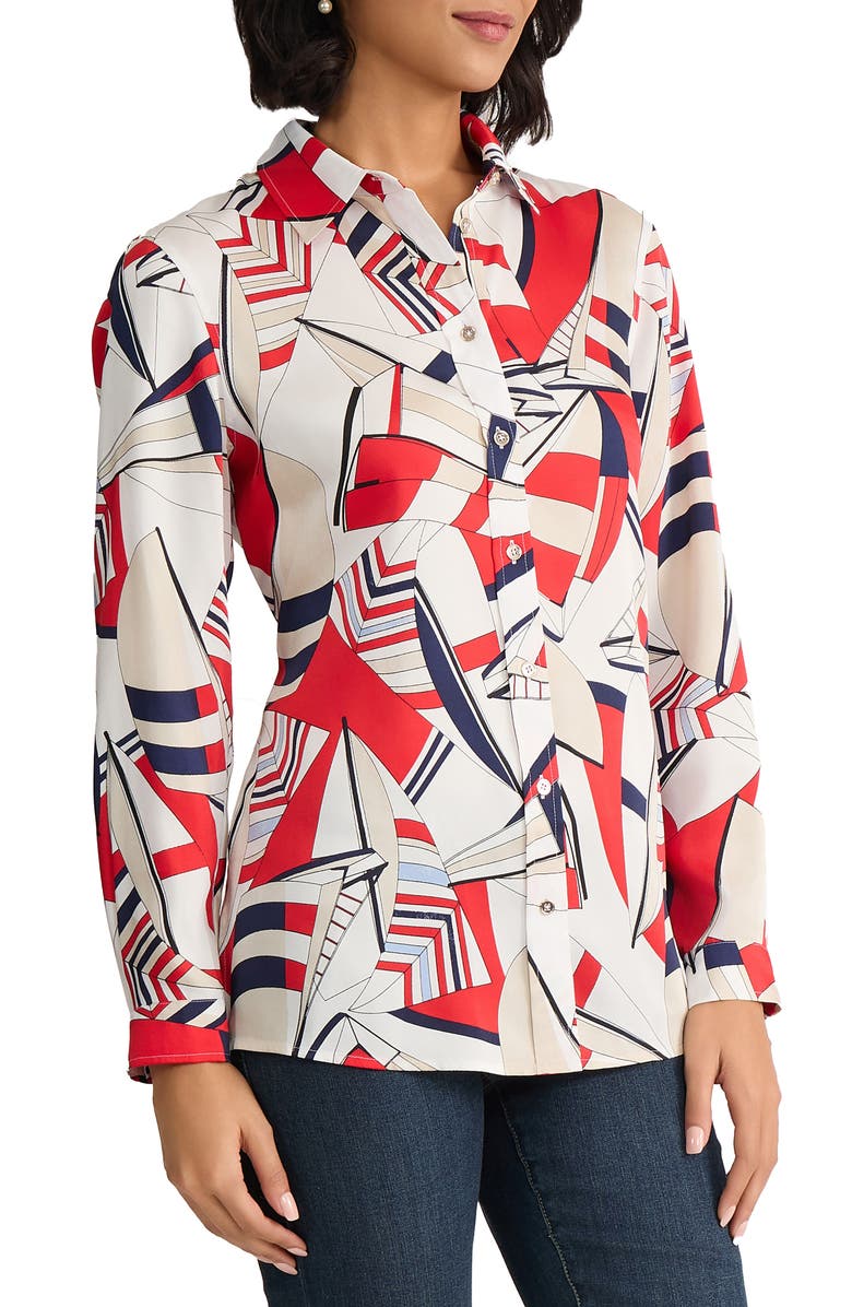 Jones New York Geo Print Button-Up Shirt, Alternate, color, Rouge Multi