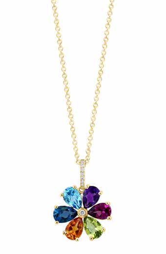 Diamond & Semiprecious Stone Flower Pendant Necklace