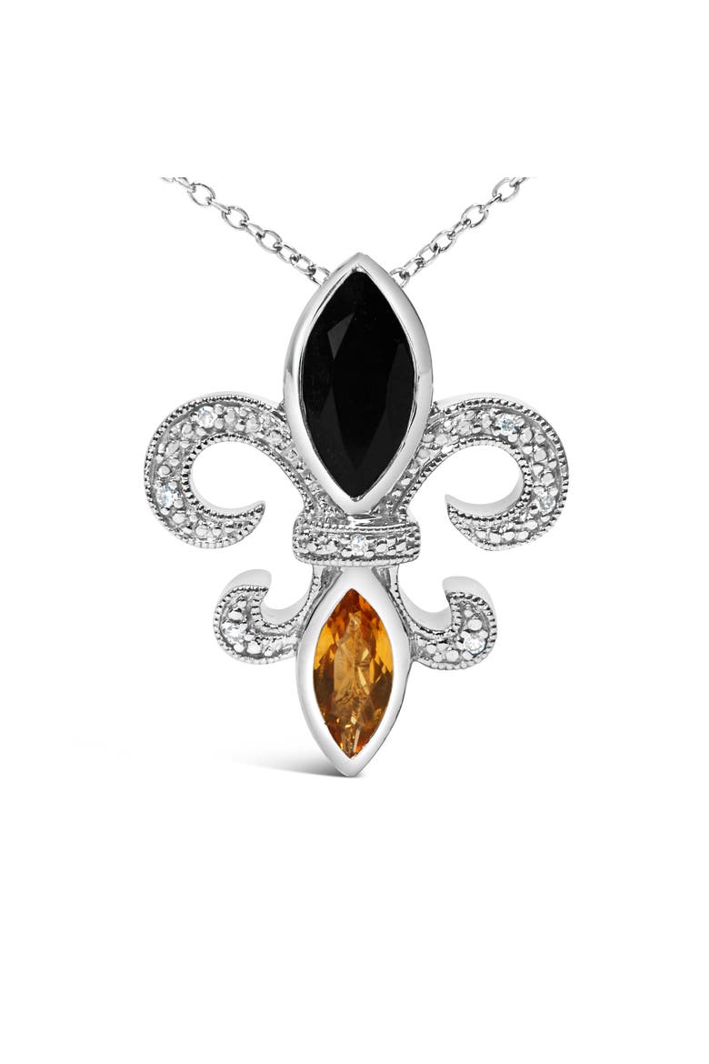 Silver Marquise Onyx, Citrine, and Diamond Accent Fleur De Lis Pendant Necklace, Alternate, color, White