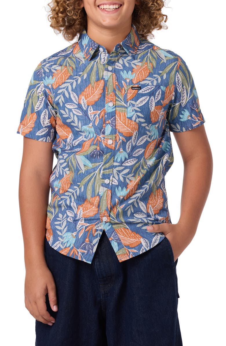 O'Neill Kids' Terrace Print Short Sleeve Button-Up Shirt, Main, color, Midnight Navy