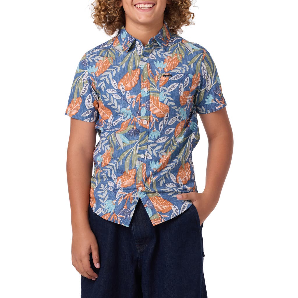 O'neill Kids' Terrace Print Short Sleeve Button-up Shirt In Blue