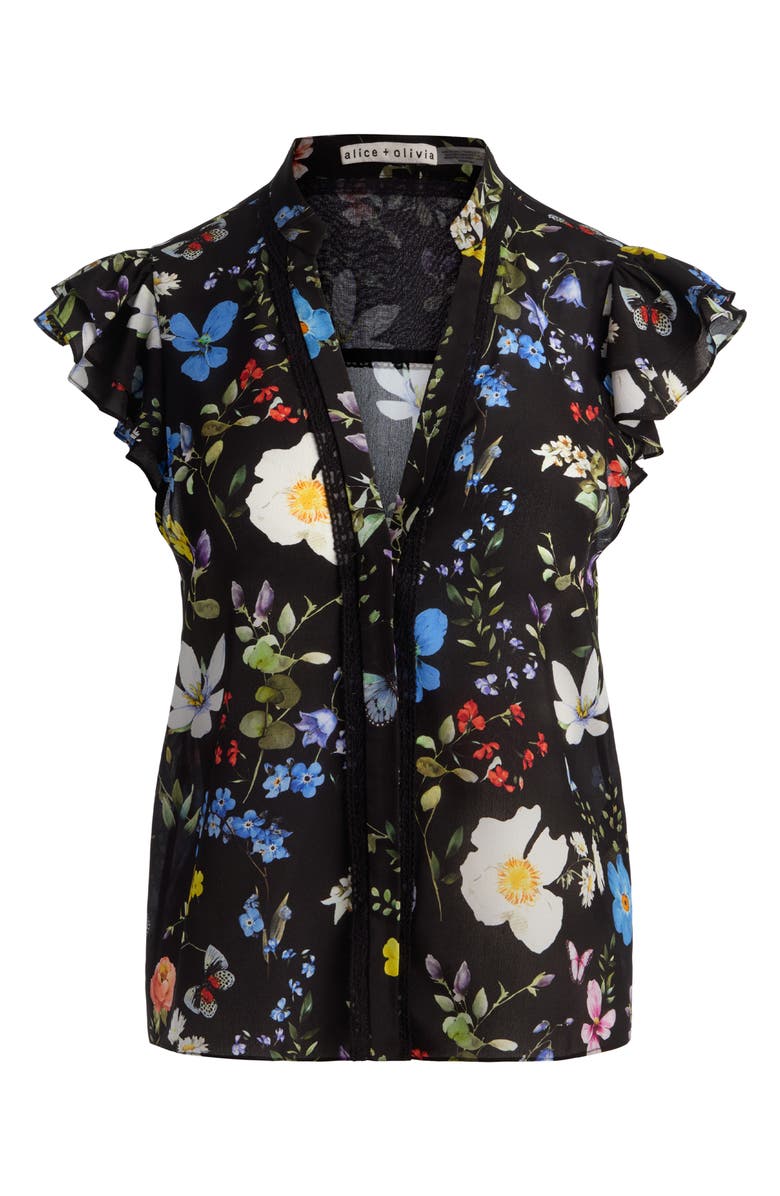 Alice + Olivia Arlette Floral Flutter Sleeve Button-Up Top, Alternate, color, Twisting Vines Black