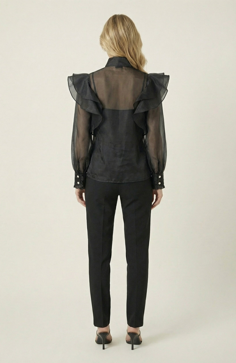 Modenaire Ruffle Oversized Bow Tie Button-Front Blouse, Alternate, color, Black