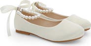 Kailee P Harper Satin Flower Girl Flats with All Pearls Ankle Strap
